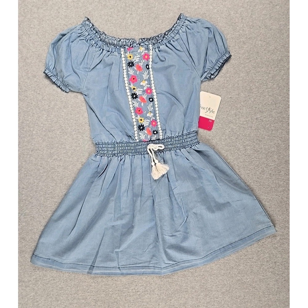 Free Style Girls Size 10 Floral Print Blue Chambray Blue Denim Like Dress NWT‎